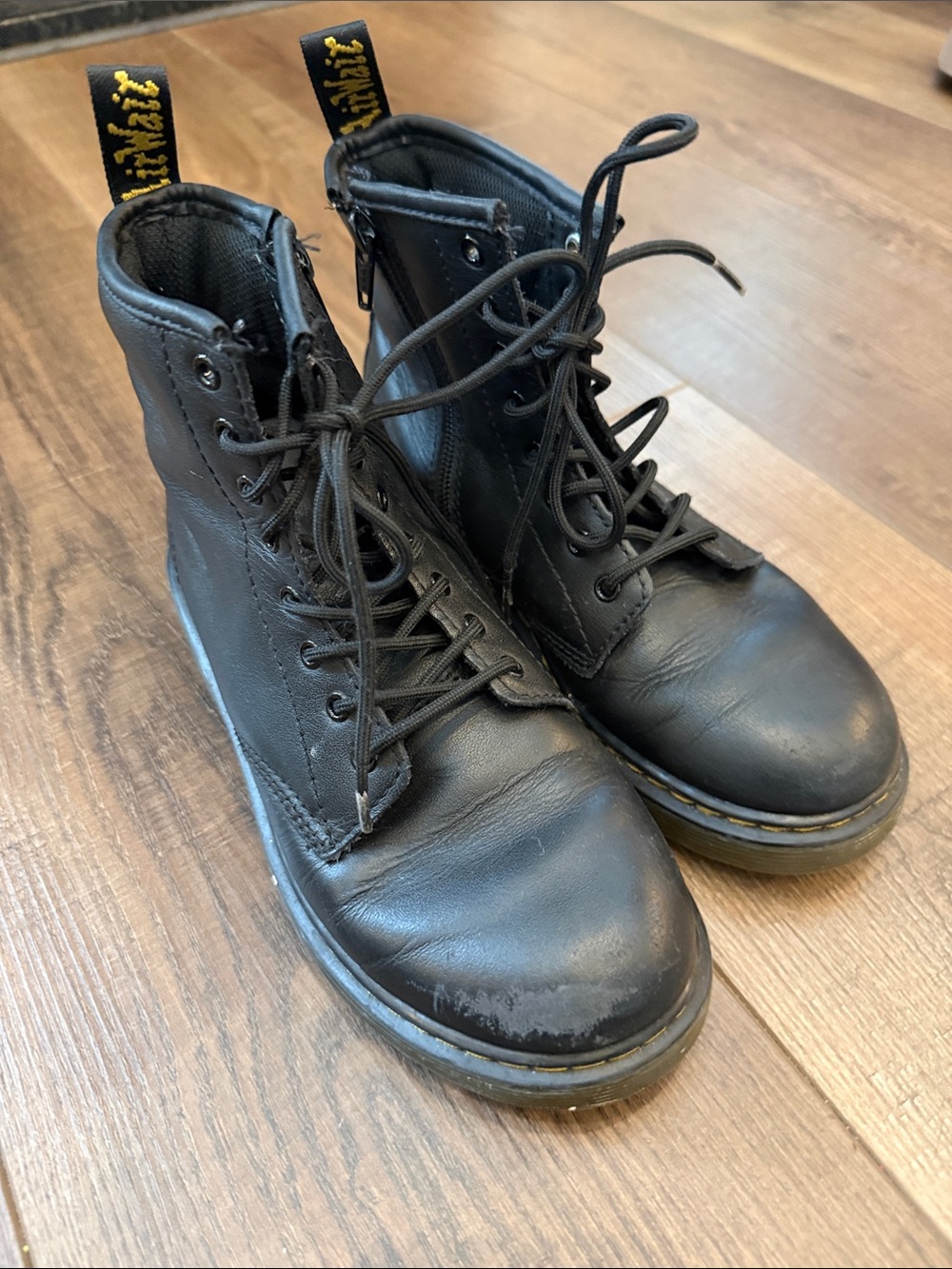 Dr. Martens Black Leather Lace-Up Ankle Boots with Yellow Heel Loop